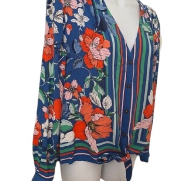 Maeve Anthropologie Elan Scarf Floral Pattern Blouse size 4 Blue Tie Waist - Picture 5 of 8